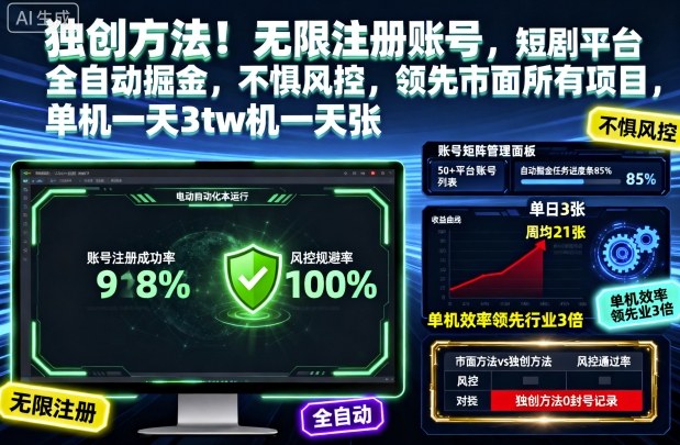 独创方法!无限注册账号,短剧平台全自动掘金,不惧风控,领先市面所有项目,单机一天3张【揭秘】-立业有术