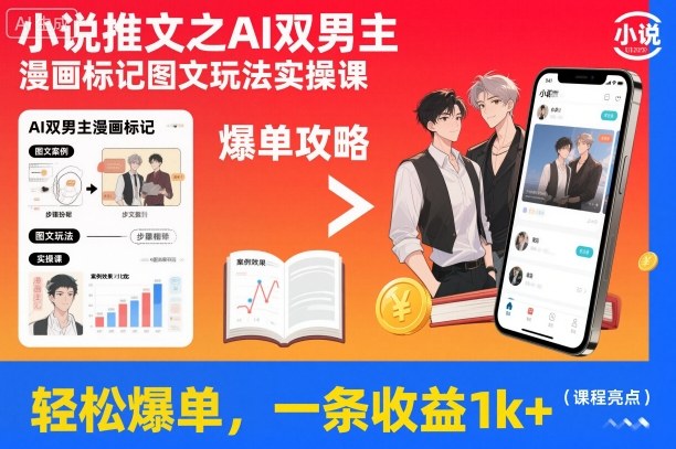 小说推文之AI双男主漫画标记图文玩法实操课,轻松爆单,一条收益1k+-立业有术