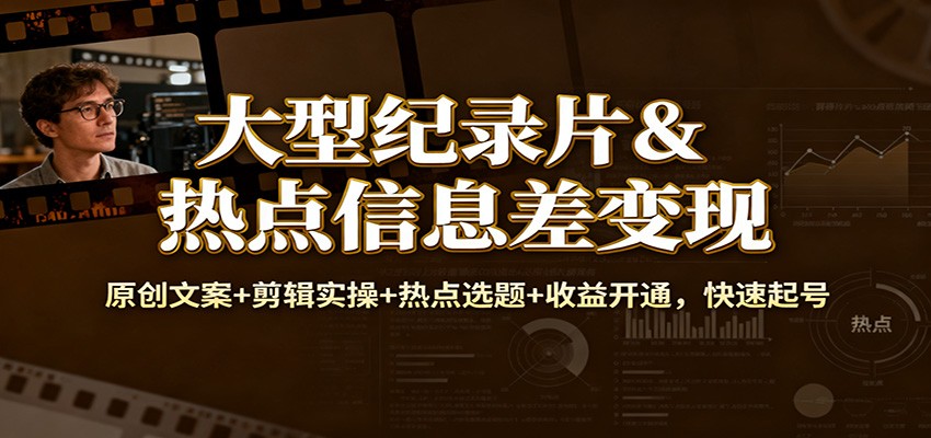 大型纪录片&热点信息差变现:原创文案+剪辑实操+热点选题+收益开通,快速起号-立业有术