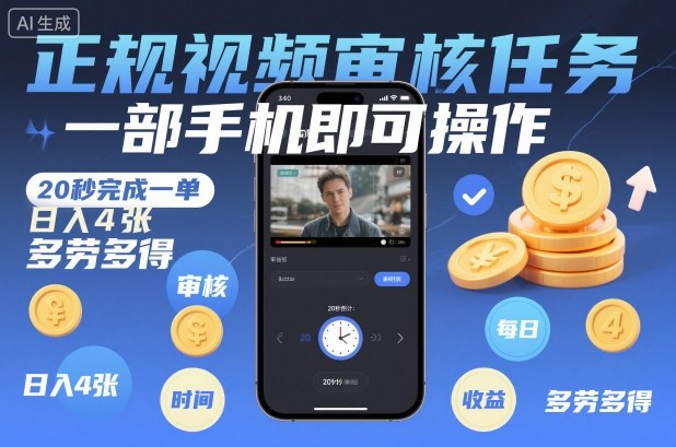 正规视频审核任务,一部手机即可操作,20秒完成一单,日入4张,多劳多得【揭秘】-立业有术