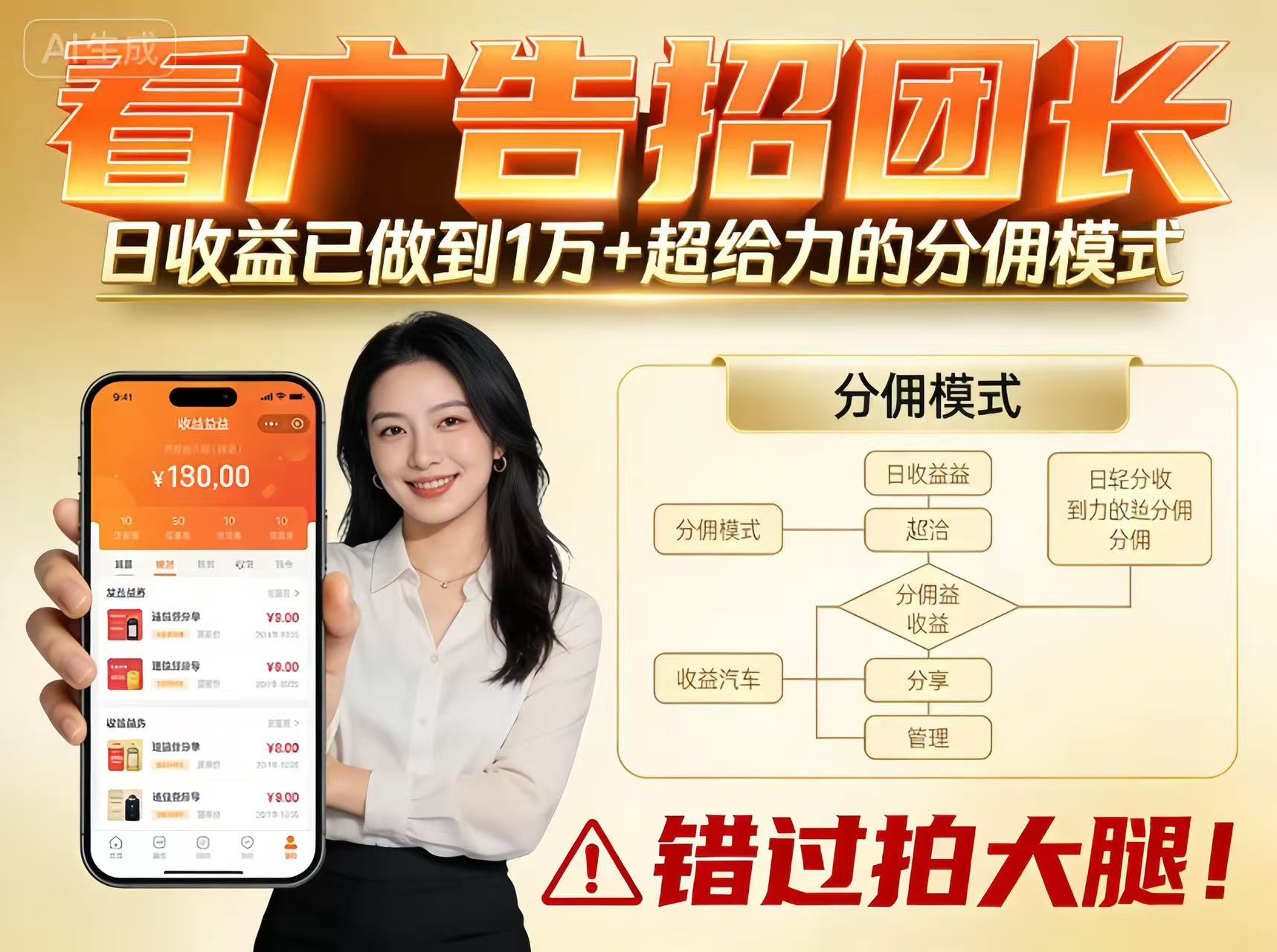 看广告招团长,团队收益已做到日入1万,分佣模式超给力,错过拍大腿-立业有术