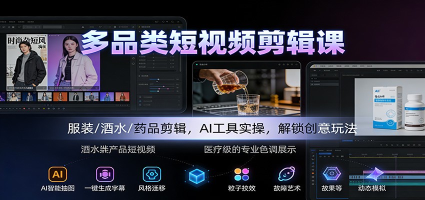 多品类短视频剪辑课:服装/酒水/药品剪辑,AI工具实操,解锁创意玩法-立业有术