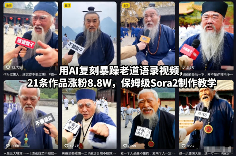 用AI复刻暴躁老道语录视频,21条作品涨粉8.8W,保姆级Sora2制作教学-立业有术