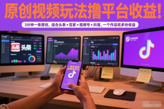 原创视频玩法撸平台收益,3分钟一条原创,适合头条+百家+视频号+抖音,一个作品吃多份收益-立业有术