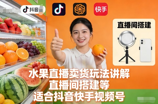 水果直播卖货玩法讲解、直播间搭建等,适合抖音快手视频号-立业有术