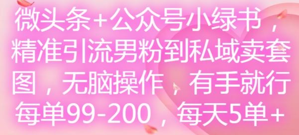 微头条+公众号小绿书，精准引流男粉到私域卖套图，无脑操作，有手就行，每单99-200，每天5单-立业有术