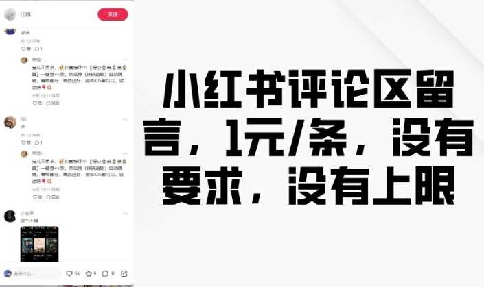 小红书评论区留言，1元条，没有要求，没有上限-立业有术