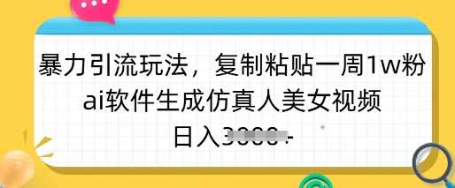 暴力引流玩法，复制粘贴一周1w粉，ai软件生成仿真人美女视频，日入多张-立业有术