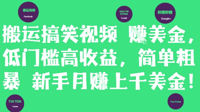 搬运搞笑视频挣美金，低门槛高收益，简单粗暴新手月入上千美刀-立业有术