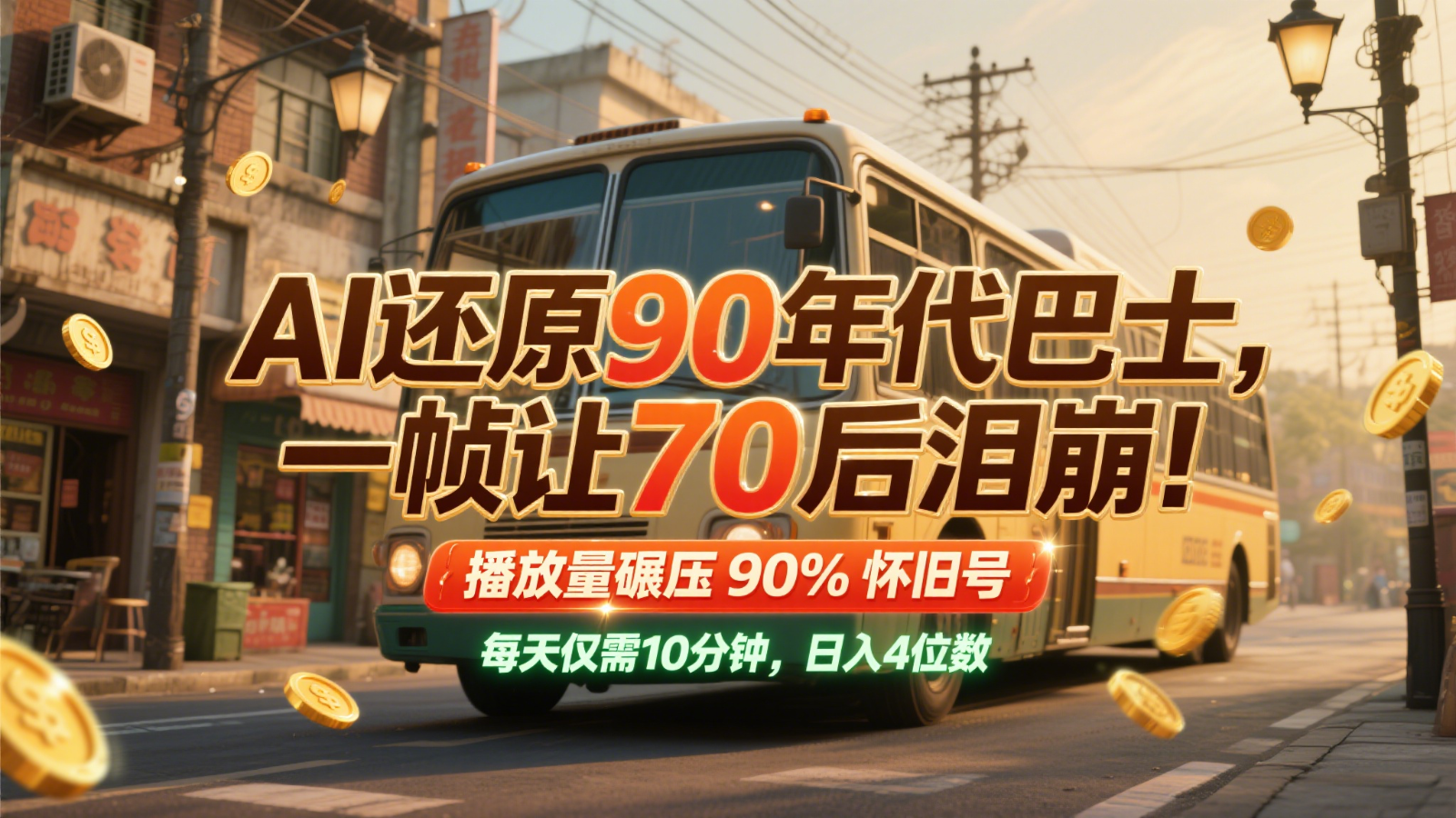 AI还原90年代巴士，一帧让70后泪崩！播放量碾压90%怀旧号，每天10分钟，日入4位数-立业有术