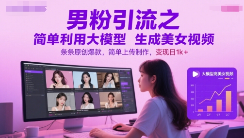 男粉引流之简单利用大模型生成美女视频，条条原创爆款，简单上传制作，变现日1k+-立业有术