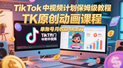 TikTok中视频计划保姆级教程，TK原创动画课程，单账号月收益4k美刀-立业有术