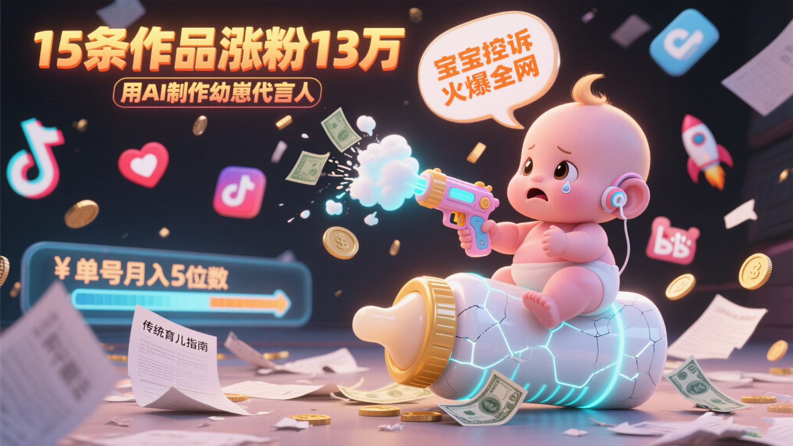 用AI制作幼崽代言人，宝宝的控诉火爆全网，15条作品涨粉13万，单号月入5位数实操教程-立业有术