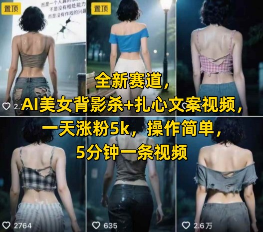 全新赛道，AI美女背影杀+扎心文案视频，一天涨粉5k，操作简单，5分钟一条视频-立业有术