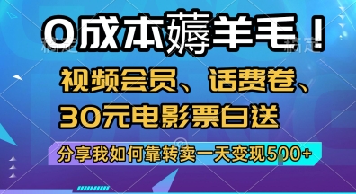 0成本薅羊毛!视频会员、话费卷、30元电影票白送，分享我如何靠转卖一天变现5张+【揭秘】-立业有术