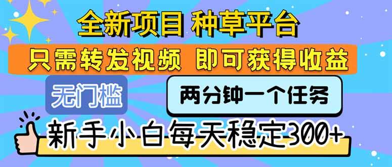 （15413期）全新项目 种草平台 只需要转发任务视频 即可获得收益 新手小白每天300+-立业有术