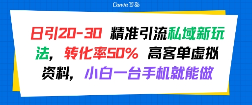 日引 20-30 精准引流私域新玩法，转化率50% 高客单虚拟资料，小白一台手机就能做-立业有术