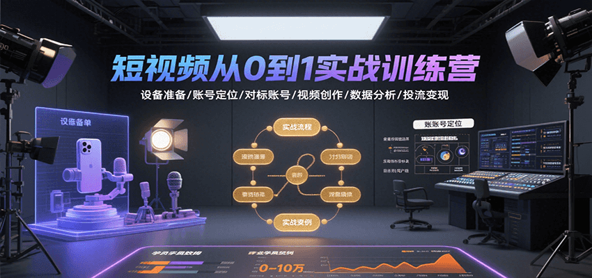 短视频从0到1实战训练营：设备准备/账号定位/对标账号/视频创作/数据分析/投流变现-立业有术