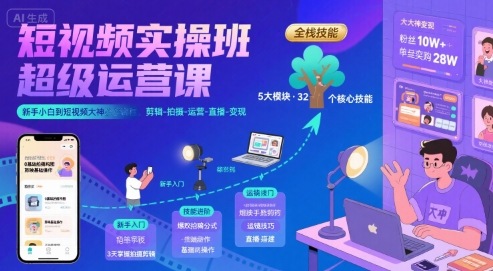 短视频实操班超级运营课，新手小白到短视频大神必修课程，剪辑-拍摄-运营-直播-变现-立业有术
