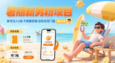 暑期新男粉项目 单号日入5张 不需要剪辑  没有任何门槛-立业有术