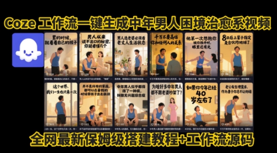 coze工作流一键生成”中年男人困境扎心高涨粉高播放量图文视频”保姆级拆解教程，无需剪辑，无需拍摄写文案-立业有术
