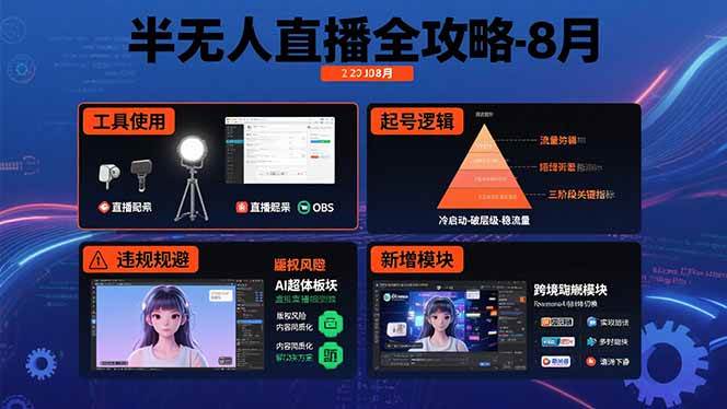 （15669期）半无人直播全攻略-8月：工具使用+起号逻辑+违规规避,新增AI超体与跨境模块-立业有术