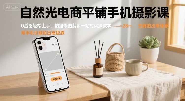 自然光电商平铺手机摄影课，0基础轻松上手，拍摄修图剪辑一站式实操教学，用手机也能拍出高级感-立业有术