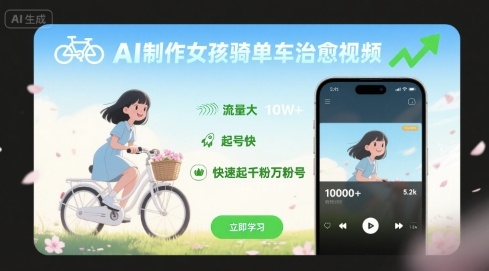 AI制作女孩骑单车治愈视频，流量大，起号快，快速起千粉万粉号-立业有术
