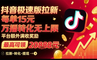 抖音极速版拉新，平台扶持力度大，每单15米，万播转化无上限，平台额外满收奖励-立业有术
