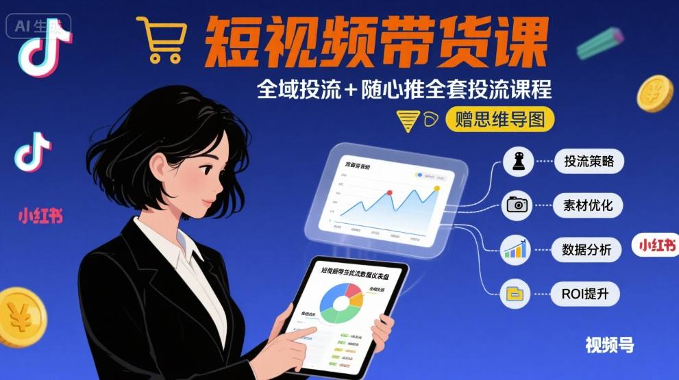 最新短视频带货课，全域投流+随心推全套投流课程+思维导图-立业有术