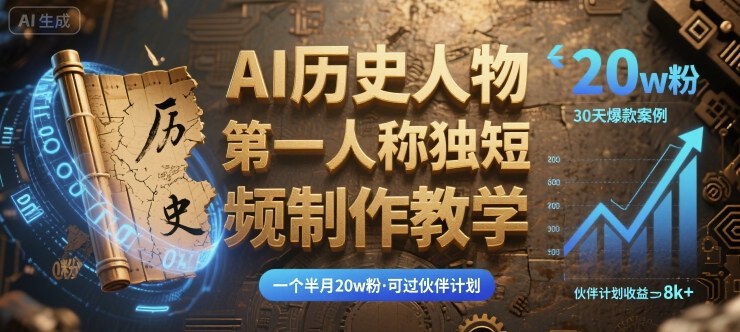 最新AI历史人物第一人称独白短视频制作教学，一个半月20w粉，可过伙伴计划-立业有术