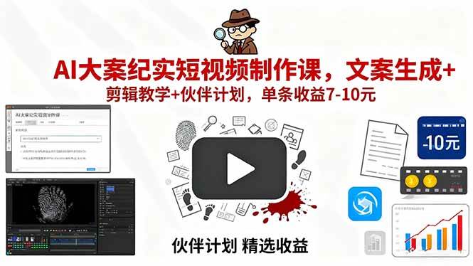 （15992期）AI大案纪实短视频制作课，文案生成+剪辑教学+伙伴计划，单条收益7-10元-立业有术