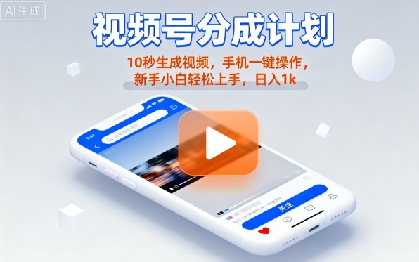 视频号分成计划懒人玩法，10秒生成视频，手机一键操作，新手小白轻松上手，日入1K【揭秘】-立业有术