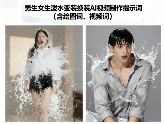 男生女生泼水变装换装AI视频制作提示词(含绘图词、视频词)-立业有术