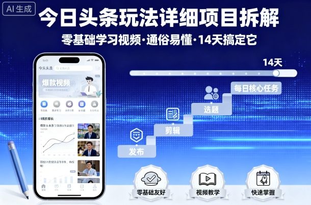 今日头条玩法详细项目拆解，零基础学习视频 通俗易懂 14天搞定它-立业有术