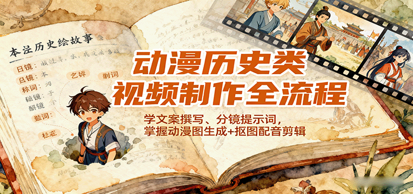 动漫历史类视频制作全流程，学文案撰写、分镜提示词，掌握动漫图生成+抠图配音剪辑-立业有术