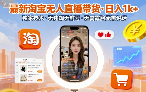 最新淘宝无人直播带货，日入1k+，独家技术，无违规无封号，无需露脸无需说话【揭秘】-立业有术