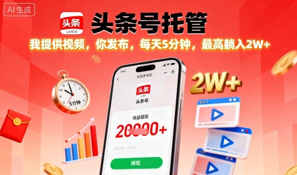 【头条号托管】我提供视频，你发布，每天5分钟，最高躺入2W+【揭秘】-立业有术