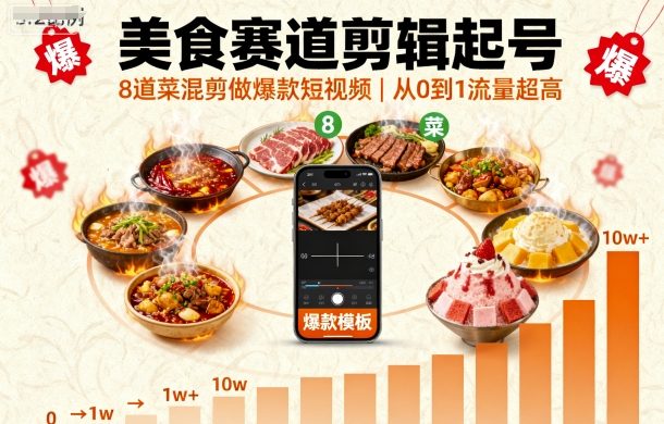 美食赛道剪辑起号，8道菜混剪做爆款短视频，从0到1，流量超高-立业有术