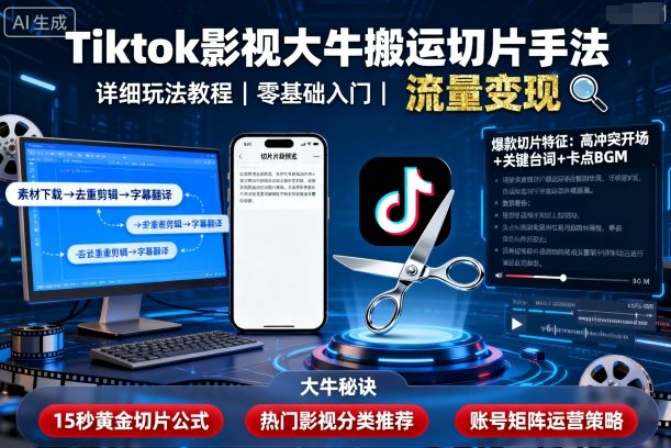 Tiktok影视大牛搬运切片手法，详细玩法教程-立业有术
