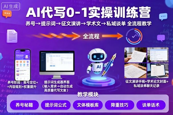 AI代写0-1实操训练营，从养号、提示词、征文演讲、学术文，到私域谈单的全流程教学-立业有术