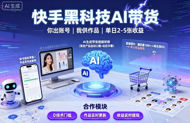 快手黑科技AI带货，你提供账号，我提供作品并发布，单日2-5张【揭秘】-立业有术