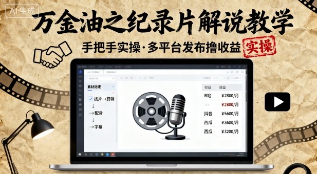 万金油之纪录片解说教学，手把手教你，完全实操，多平台发布撸收益-立业有术