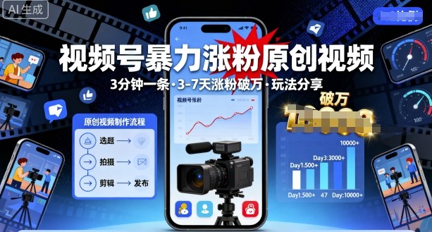 视频号暴力涨粉原创视频，3分钟一条原创视频，3-7天涨粉破万，玩法分享给你-立业有术