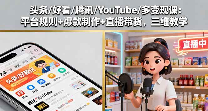 （16147期）头条/好看/腾讯/YouTube/多变现课：平台规则+爆款制作+直播带货，三维教学-立业有术