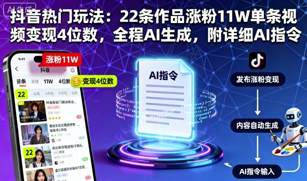 抖音热门玩法：22条作品涨粉11W单条视频变现4位数，全程AI生成，附详细AI指令-立业有术