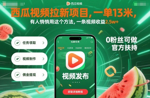 西瓜视频拉新项目，一单13米，有人悄悄用这个方法，一条视频收益2.5w+（附详细教程）-立业有术