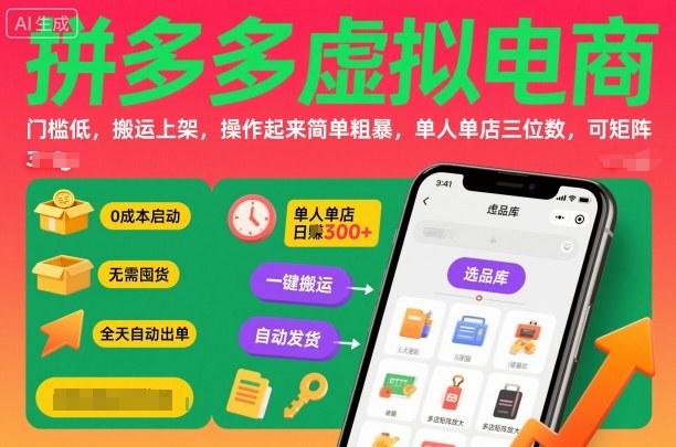 拼多多虚拟电商，门槛低，搬运上架，操作起来简单粗暴，单人单店三位数，可矩阵-立业有术