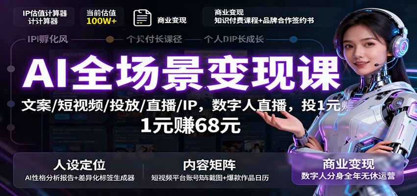 AI全场景变现课：文案/短视频/投放/直播/IP，数字人直播，投1元赚68元-立业有术