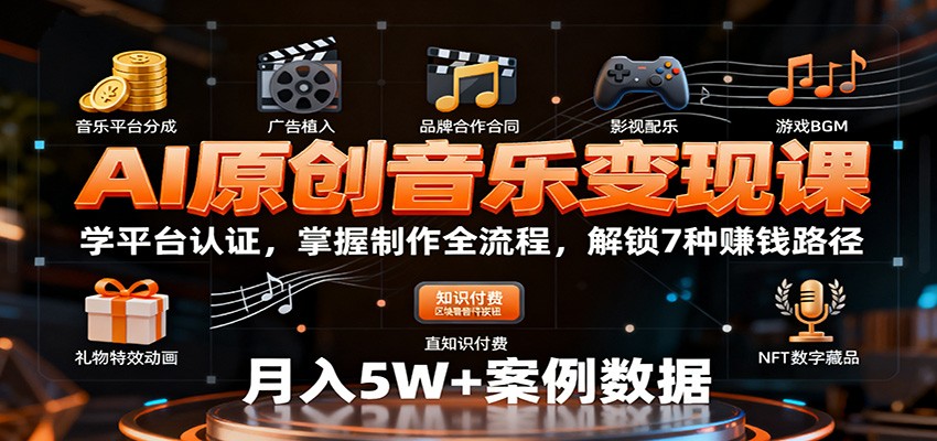 AI原创音乐变现课：学平台认证，掌握制作全流程，解锁7种赚钱路径-立业有术